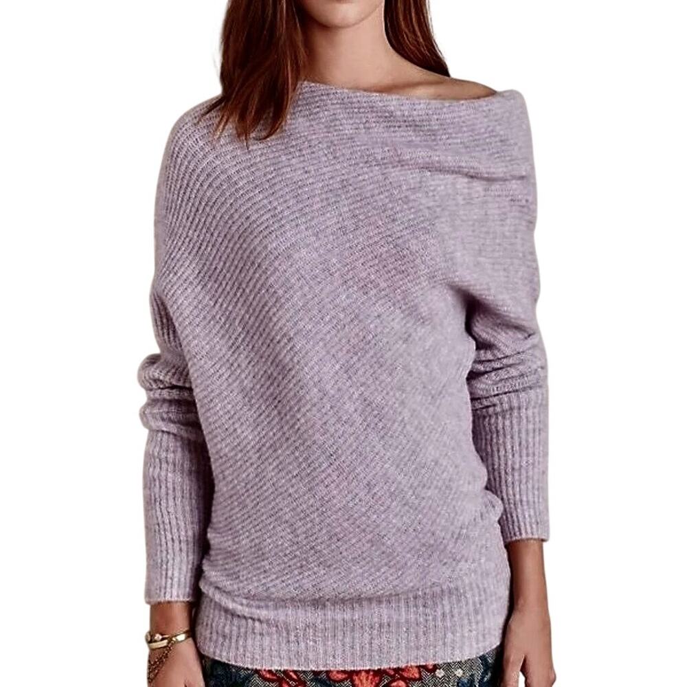 Anthropologie MOTH Off Shoulder Italian Wool Blend Rib Sweater Purple Pullover
